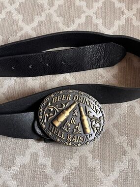 Justin Leather Belt Black 38 Cody James Buckle “Beer drinkin hell Raisin” men’s